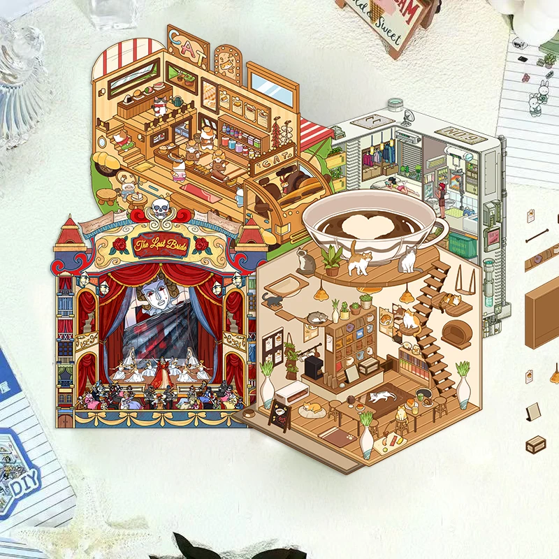 2Pcs Cat Bar, Latte Meow Island Scene 3D Landscaping Stickers DIY Stacking and Pasting Hand Account Cute Gift Animals