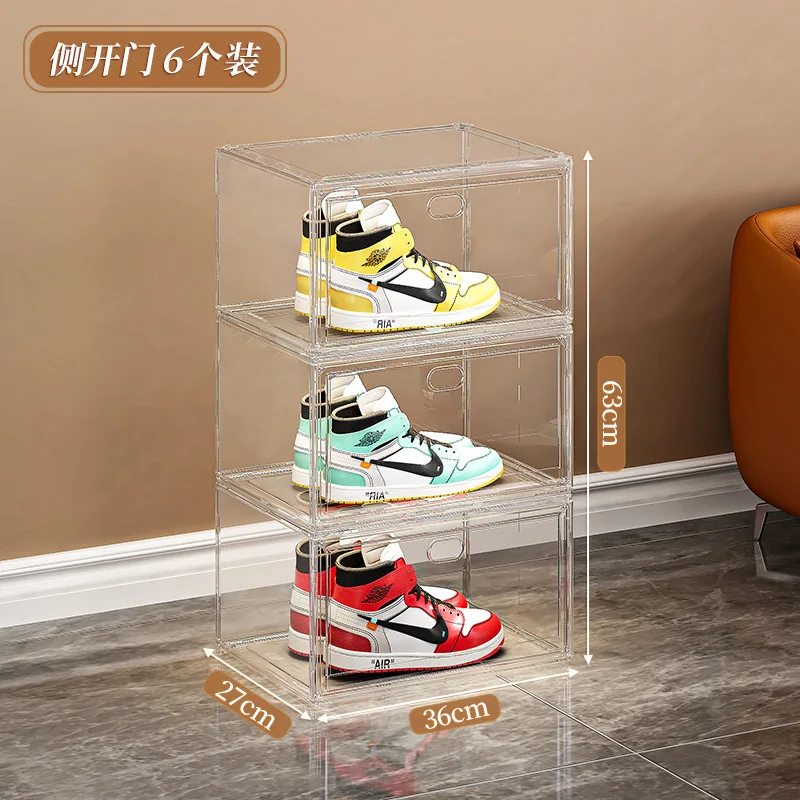 Transparent Foldable Shoe Box Stackable Magnetic Sport Shoe Display Wall Visual Side Door Large Size Shoe Rack High Transparency