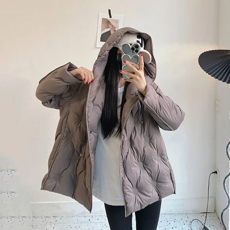 Women White Duck Down Jacket with Hood Warm Autumn Winter Argyle Outwear Solid Color Luxurious A-lined Coat 2024 New