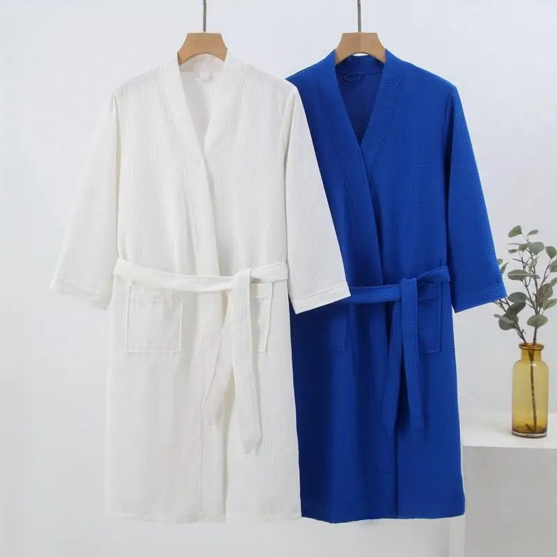 Men Women Waffle Weave Bathrobe Kimono Gown Solid Color Quick Dry Robe Loungewear Sleepwear Long Sleeves Dressing Gown Nightwear