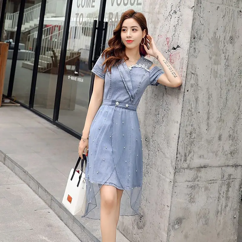 New Mesh Splicing Korean Summer Denim Dress Set, Sweet and Loose Temperament Waist Cinching Skirt for Woman dress setsdress set