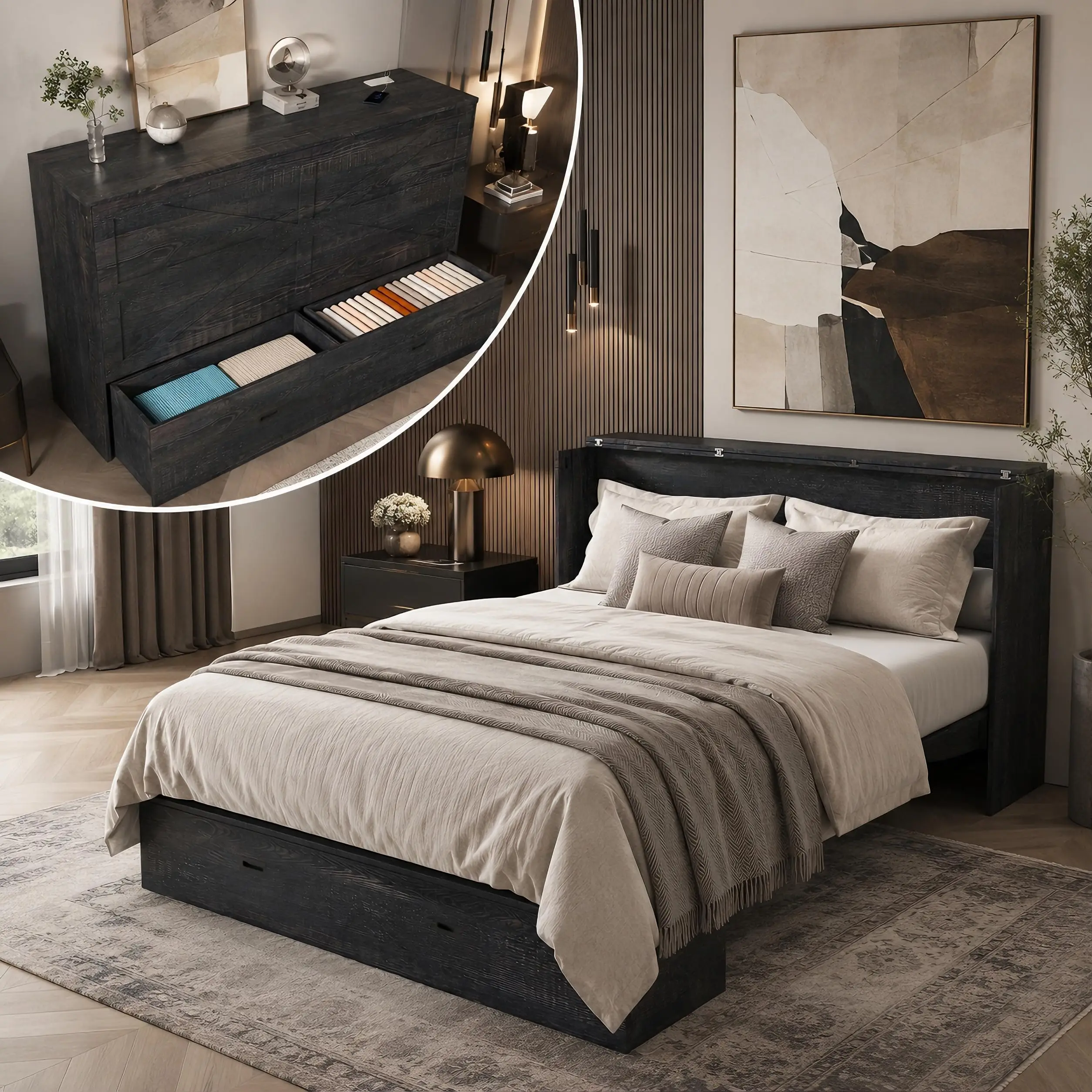 Full Murphy Bed, Space Saving Wall Bed with Storage Drawers & Charging Cabinet, Murphy Cabinet with Foldable Panels and
