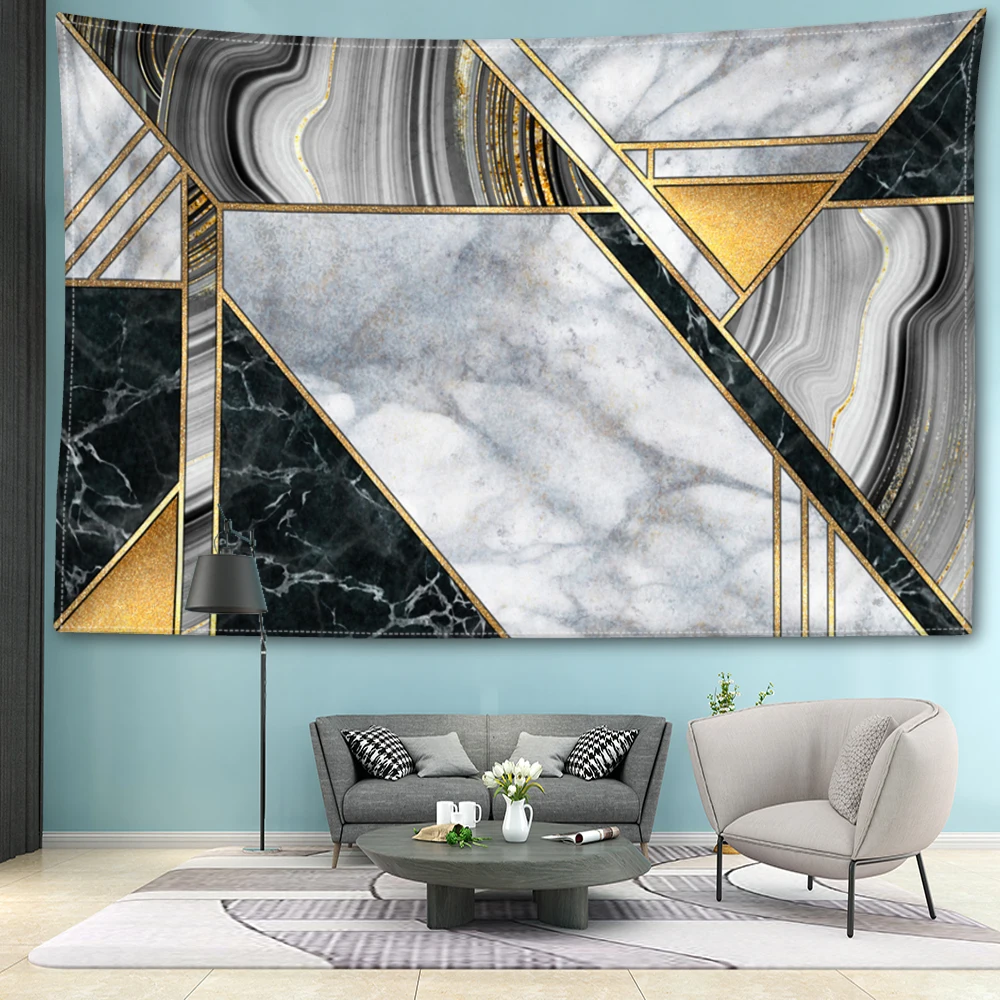 Black gray gilded geometric grid marble printed tapestry, artistic painting style room living room wall hanging art room decorat