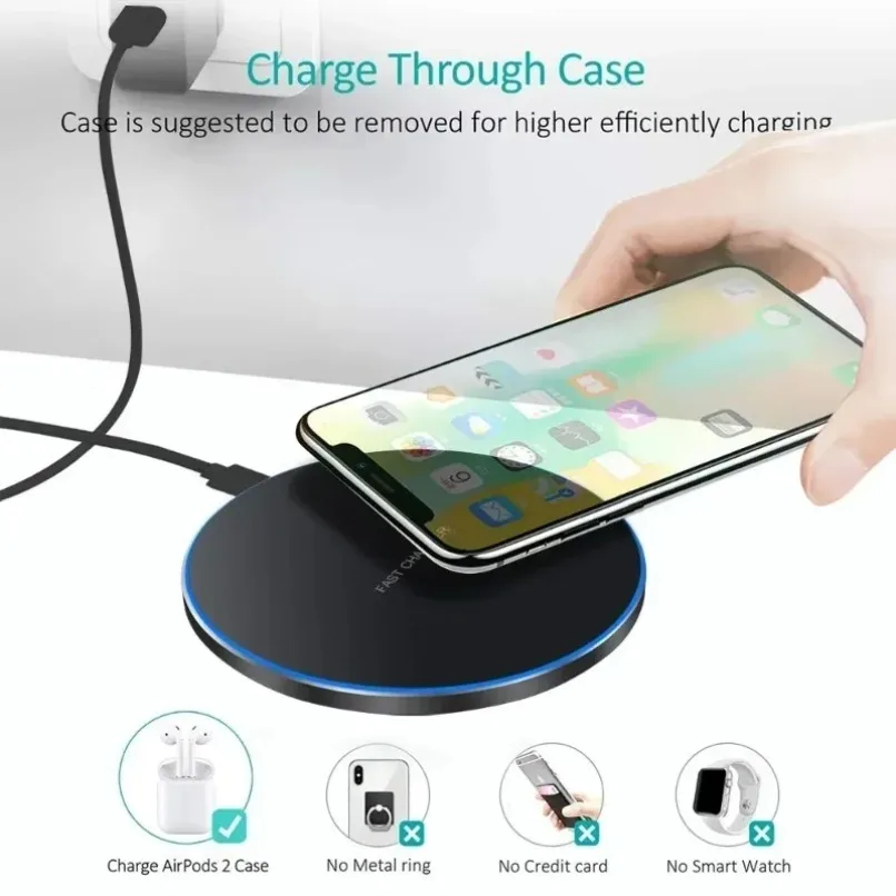Round 15W Fast Wireless Charger Pad Slim Anti Slip Charging Mat with LED Light for iPhone Samsung Android All Qi Smart Phones