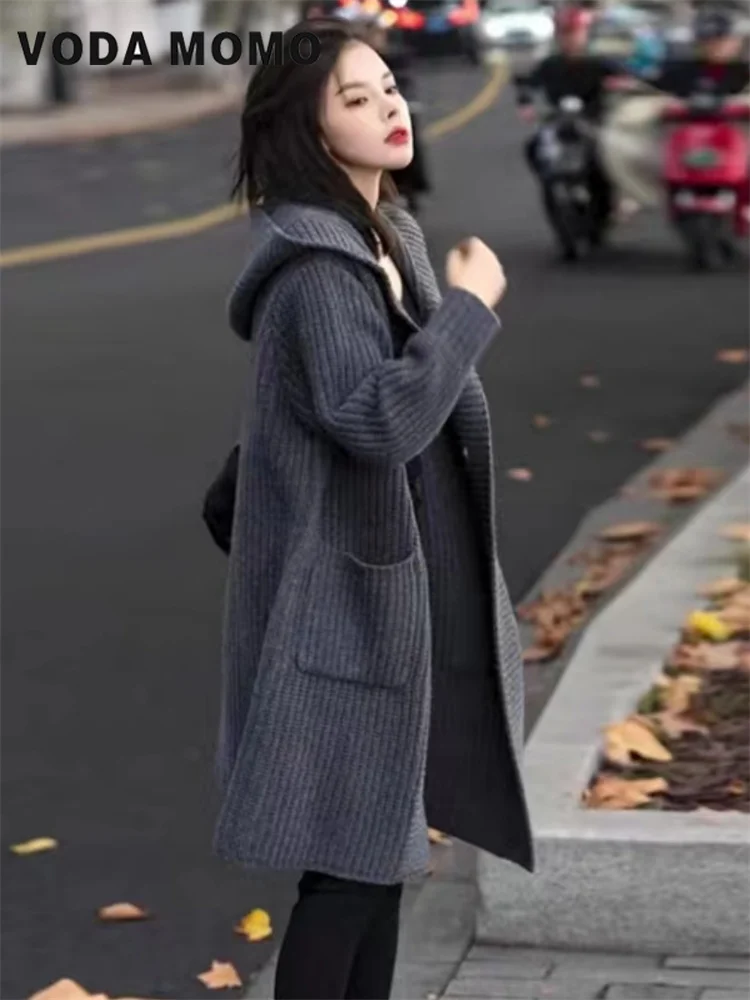 Long Sleeved Female Fashion Single-Breasted Loose Hooded Leisure Outerwear Autumn Winter 2023 New Mid-Long Knitting Cardigan