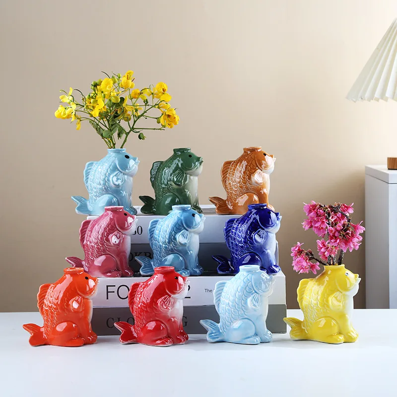 Creative Cute Fish-Shaped Ceramic Vase Simple Hydroponic Flower Container Living Room and Dining Table Flower Vase Home Decor