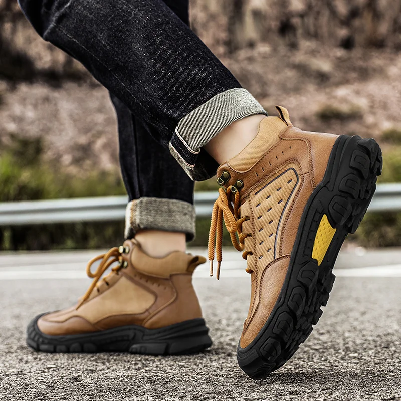 

Зимние ботинки на шнуровке, черная мужская обувь из натуральной кожи, модные мужские ботинки, новый дизайн, уличные мужские повседневные походные ботинки