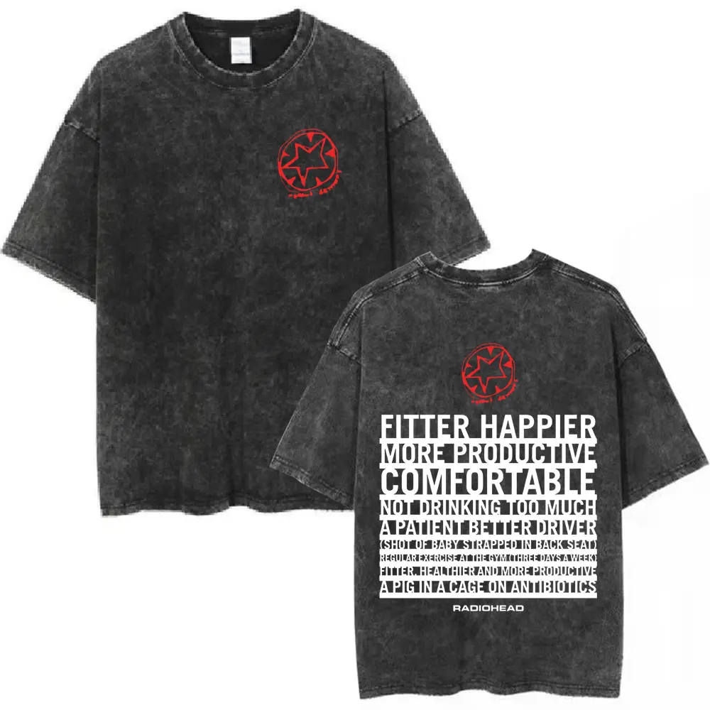 Rock Band Radiohead Fitter Happier Music Vintage Washed T Shirt Men Women Gothic Retro Casual Oversized T-shirt Tops Streetwear