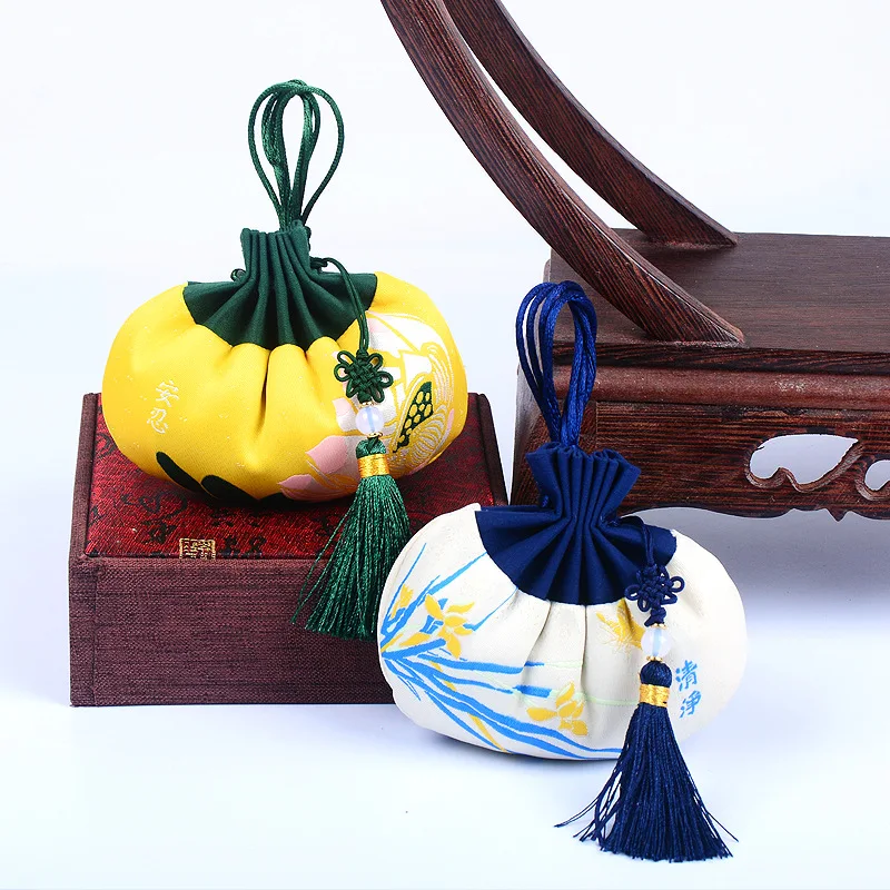 Chinese Style Tassel Sachet Antique Palace Embroidery Beam Mouth Empty Bag Portable Car Hanging Interior Jewelry Storage Bag