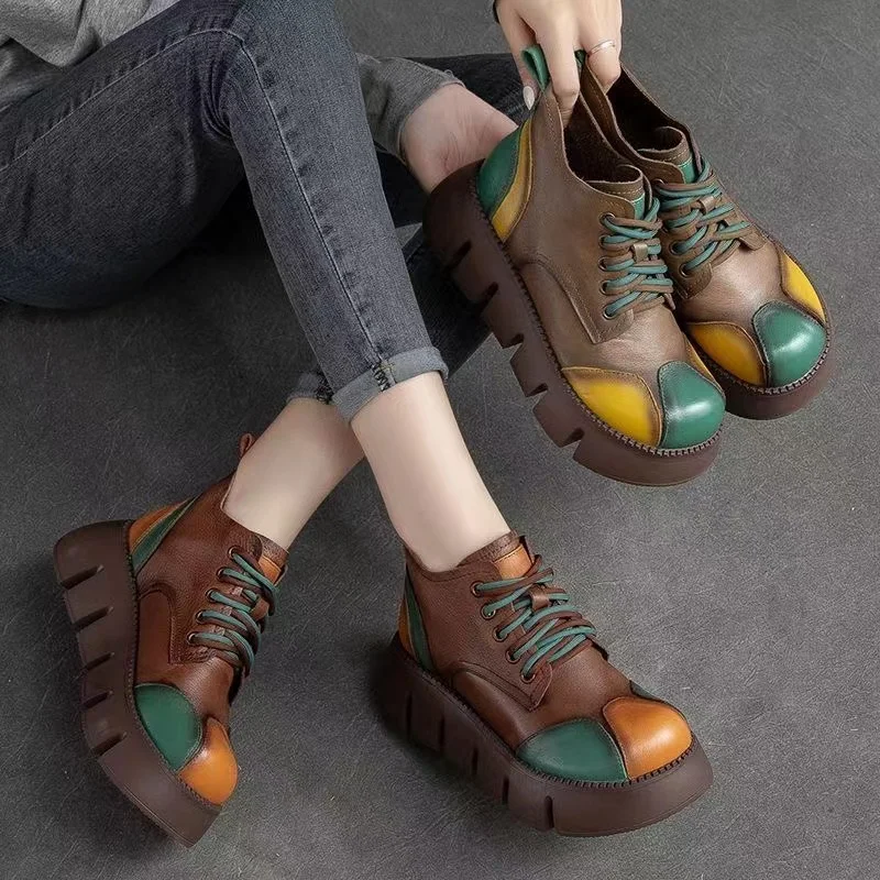 Retro Handmade Mixed Color Platform Shoes for Women Footwear British Style Round Toe Lace Up Sponge Sole Non Slip Sports Shoe