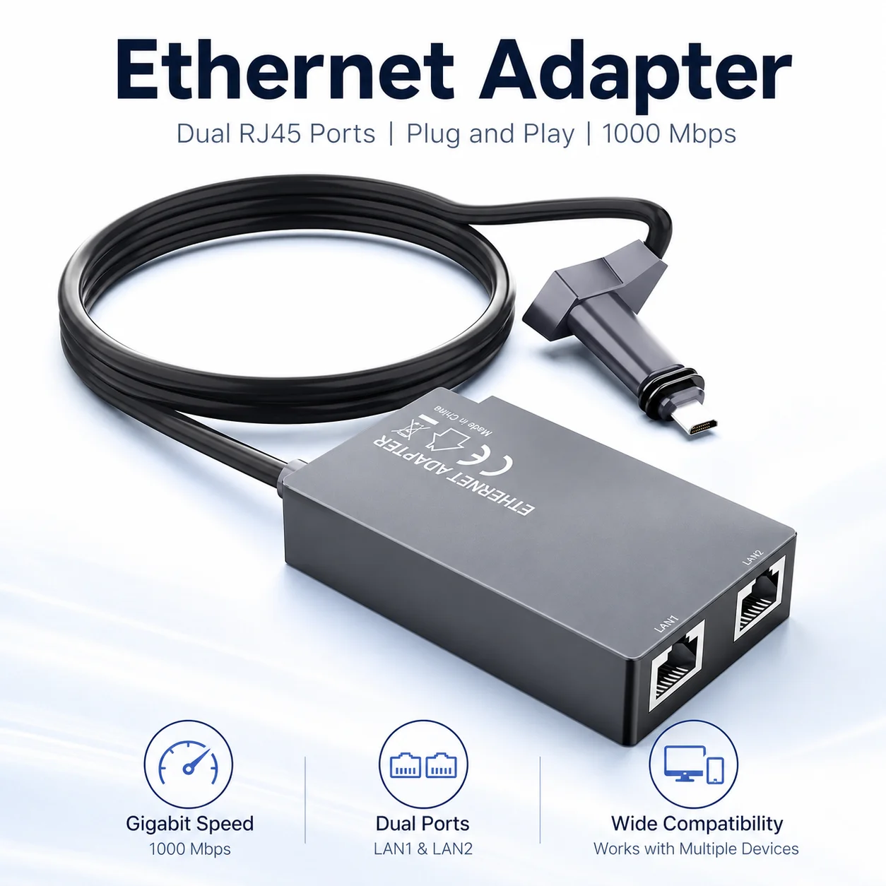 Dual Port RJ45 Gigabit Ethernet Adapter 1000Mbps Wired LAN Network Converter Extender Plug and Play for Satellite Router System