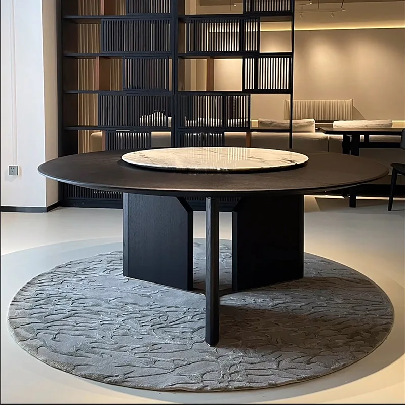 Italian minimalist round solid wood dining table designer high-end wabi style retro marble turntable dining table