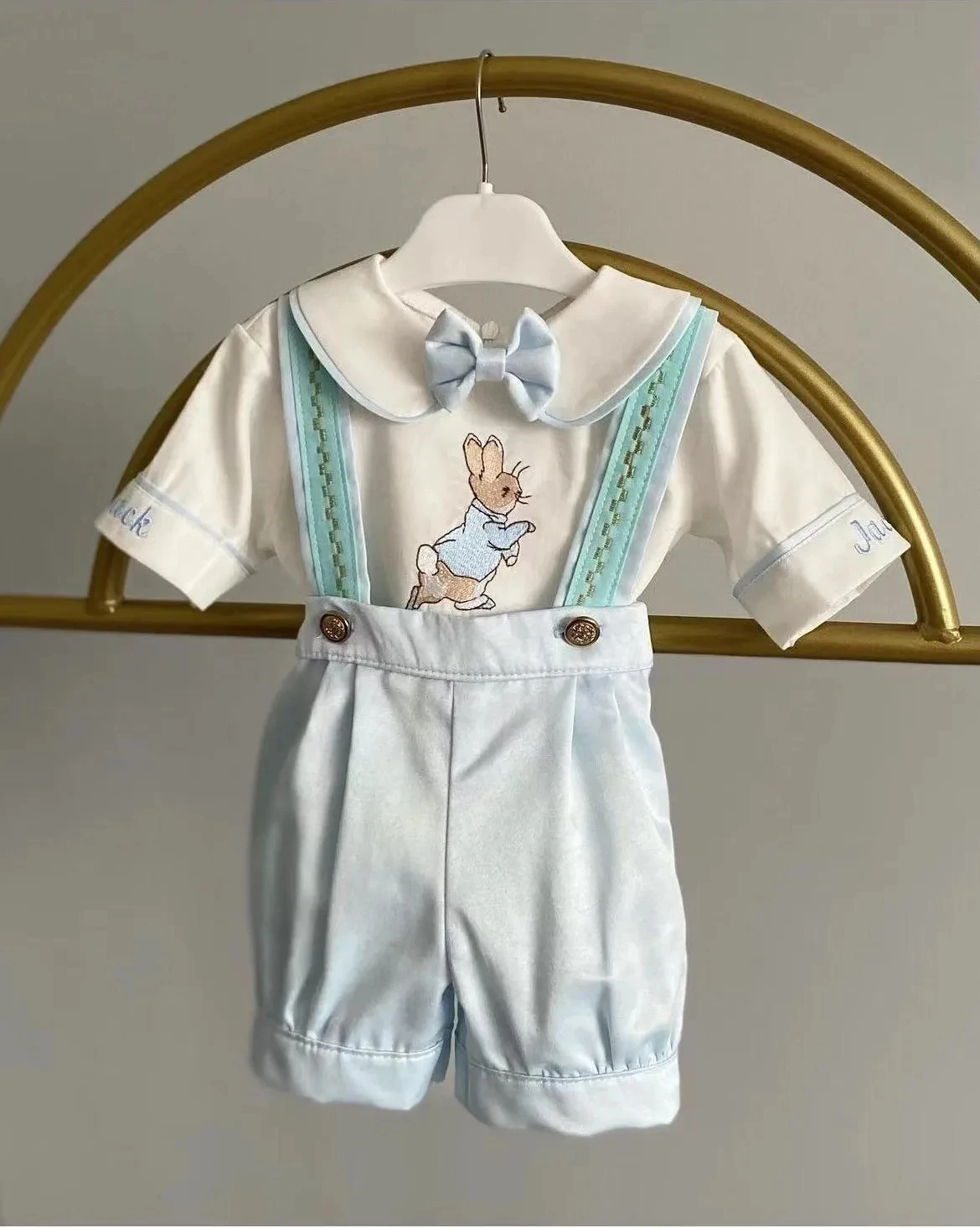 0-12Y Baby Boy Summer Rabbit Embroidery Blue Rompers White Shirt Set for Easter Eid Birthday