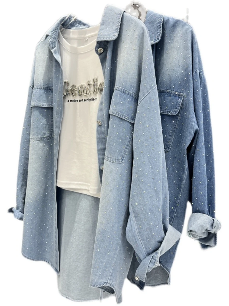 Full Diamond Denim Shirt Women's European Light Blue High Quality Loose Long Sleeve Blouse 2023 Autumn Winter New Women Shirts