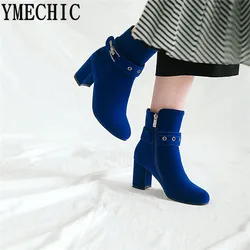 YMECHIC 2023 rosso blu nero tacchi alti scarpe da donna Flock Fashion Shoes 2018 stivaletti invernali fibbia Plus Size Bootie femminile