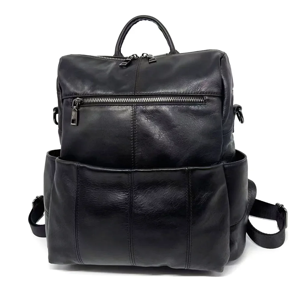 

Genuine Cowhide Leather Women Large Capacity Backpack Preppy College Stylish Versatile Black Spacious Rucksack