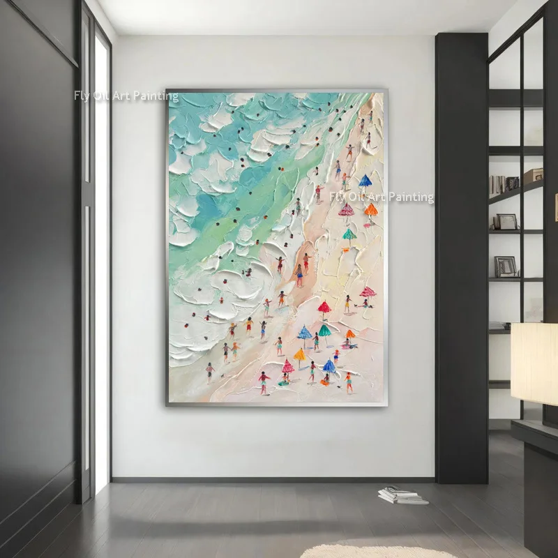 People Play On Beach Knife Thick Oil Painting Handmade Sea Scape Canvas Painting Sea Artwork Modern Seawave Wall Art For Decor