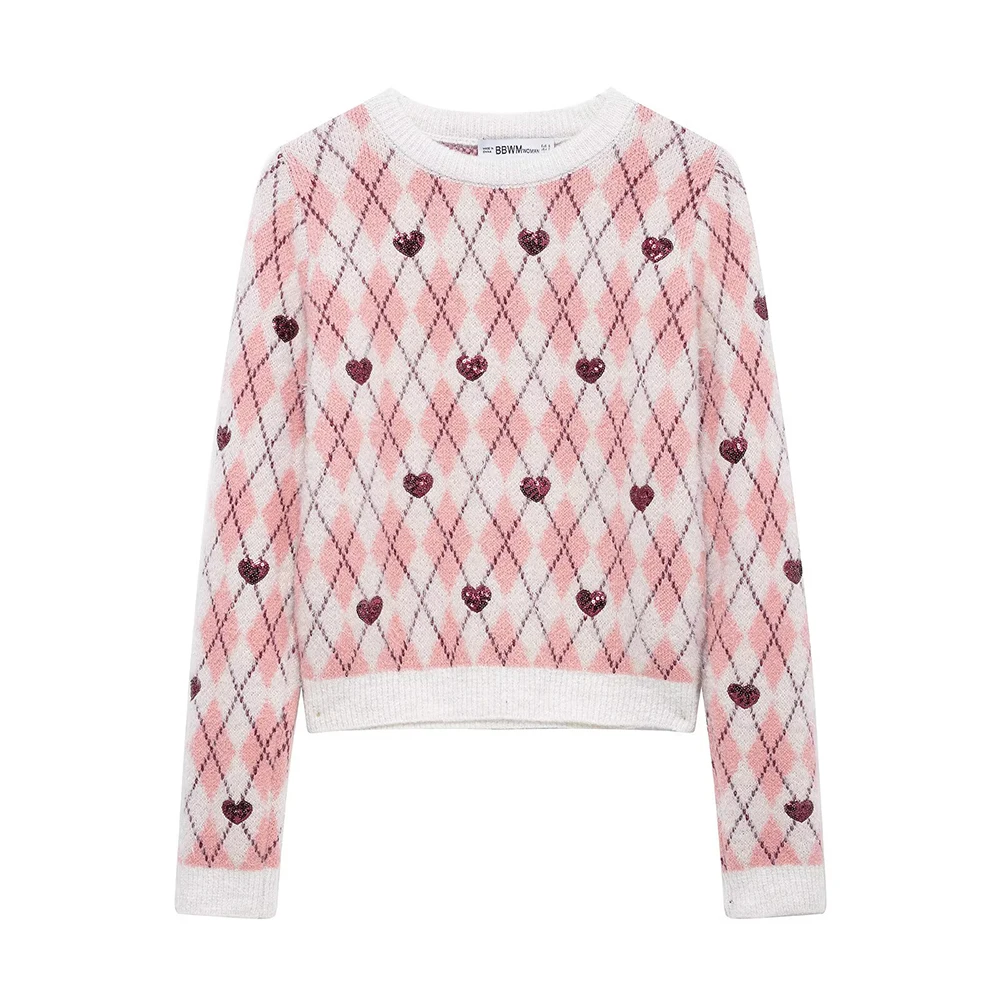 Sweet White Pink Contrast Color Round Neck Long Sleeves Argyle Jacquard Heart Sequin Design Women Short Pullover Sweater ZATT