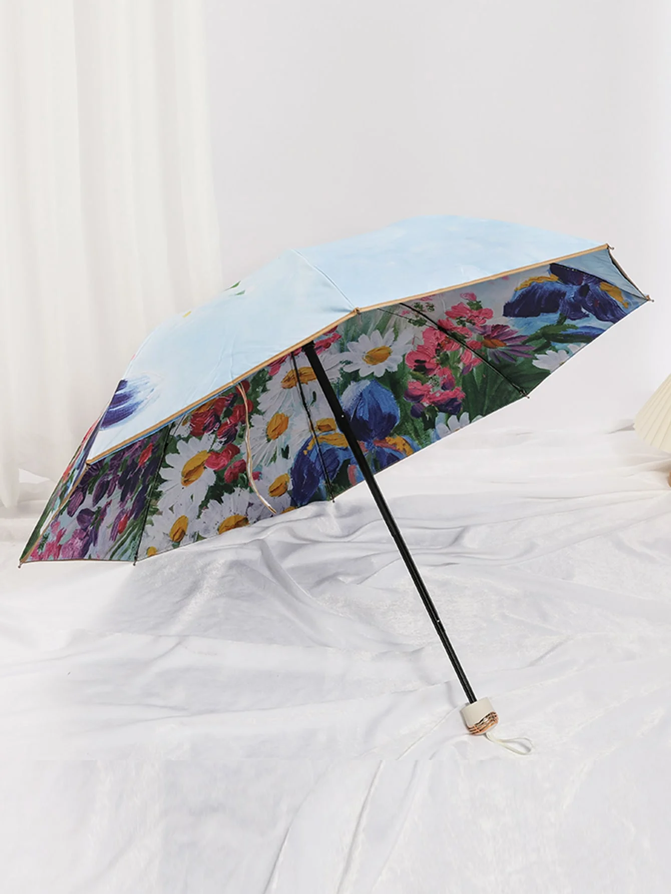 Double layer Fabric Foldable Inner Printed Small Black Umbrella, Sunny And Rainy Dual-use UV Protection Umbrella