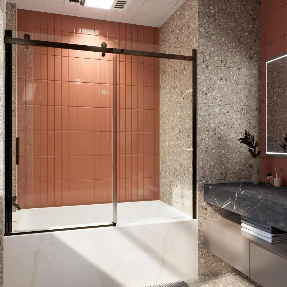 

Полурамная раздвижная дверца для ванны 56-60 дюймов Ш x 58 дюймов В Матовый черный с закаленным стеклом 5/16