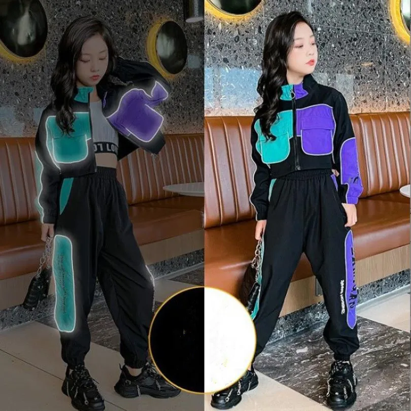 Teenage Girls Fashion Patchwork Color Sets Streetwear Tracksuit Jacket+Pants 2pcs Reflective Outfits Kids 4-16Y Clothes Wz840