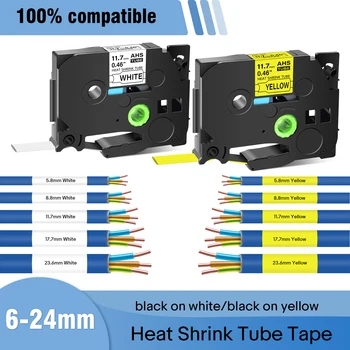 צינור עטיפת חום בקוטר 6/9/12/18/24 מילימטרים עבור Brother HSe-231 HSe-221 241 641 שחור על לבן/צהוב עבור Brother P touch Label Maker