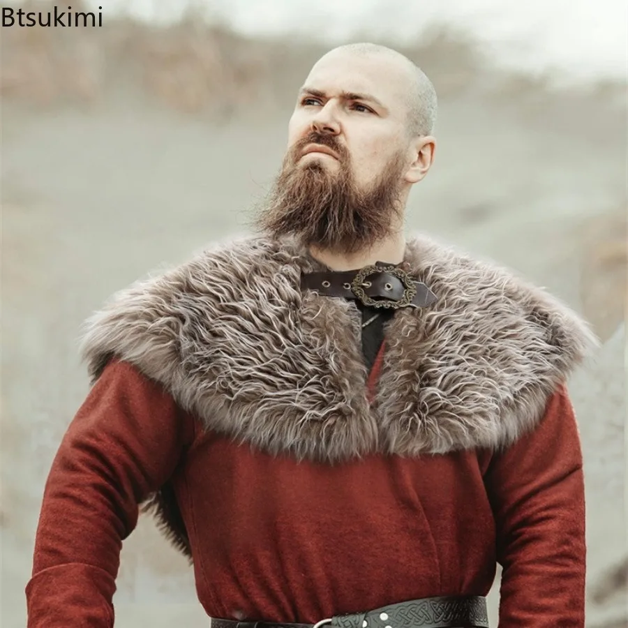 Men Viking Faux Fur Shawl Medieval Renaissance Spartans Warrior Mantle Shoulder Wrap Collar Halloween Cosplay Costumes Accessory