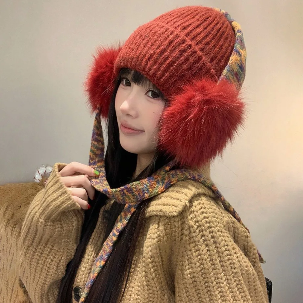 Retro Knit Ear Flap Beanie Cuffed Warm Fleece Lined Hat Cozy Fleece Lined Skull Cap Outdoor Casual