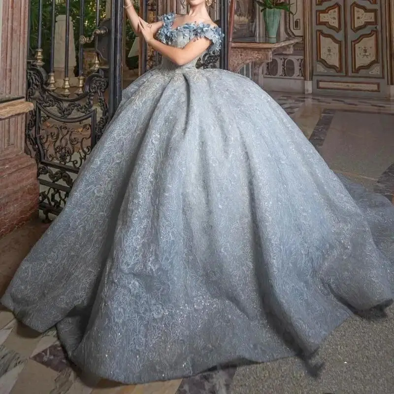 

Mexico Gray Blue Off The Shoulder Ball Gown Quinceanera Dresses Applique Lace Beads Tull Birthday Party Gowns Sweet 16 Dress Ve