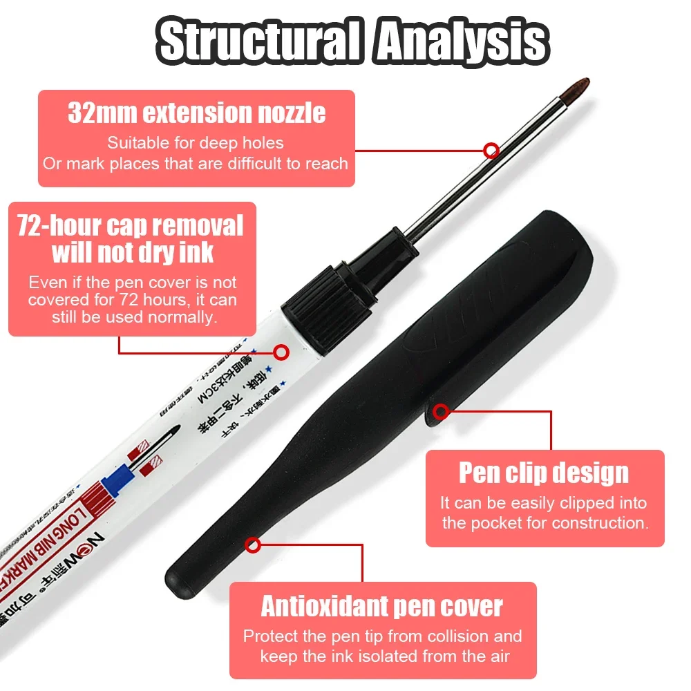 1-8 sztuk 32MM długi szal na głowę marker łazienka stolarstwo dekoracji wielofunkcyjny głęboki otwór specjalny marker czarny cienkopis/czerwony/niebieski atrament