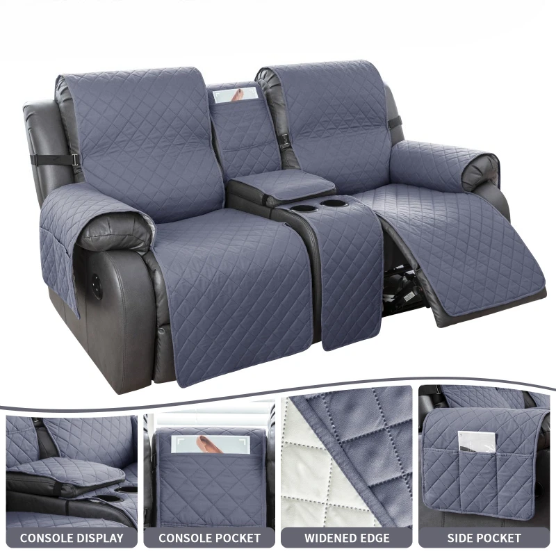 2 Seater Waterproof Recliner Sofa Covers Loveseat Center Console Sofa Towel Couch Slipcovers- with Cup Holder and Storage Pocket
