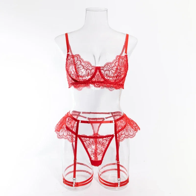 Bikini lingerie with intricate embroidery, transparent hollow-out bra, garter belt, and swimsuit four-piece set