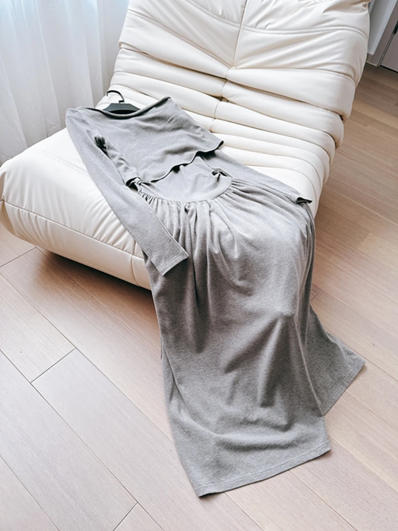 

Ele Knitted One-oulder Wrap Dr Long Sve Waist-Cinched Simple Classy Base Layer Dr for Date Autumn Season