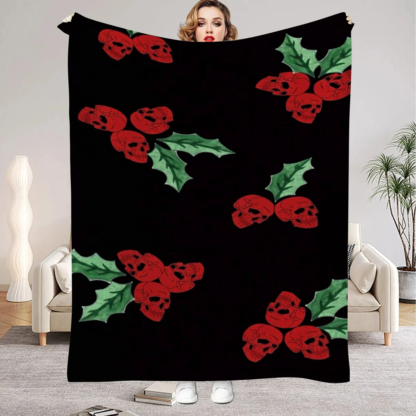 1Pc Flannel Throw Blanket,Gothic Christmas Red Skull Holly Leaf Dark Xmas Cluste Print Soft Cozy Blanket for Sofa Bed Decor Gift