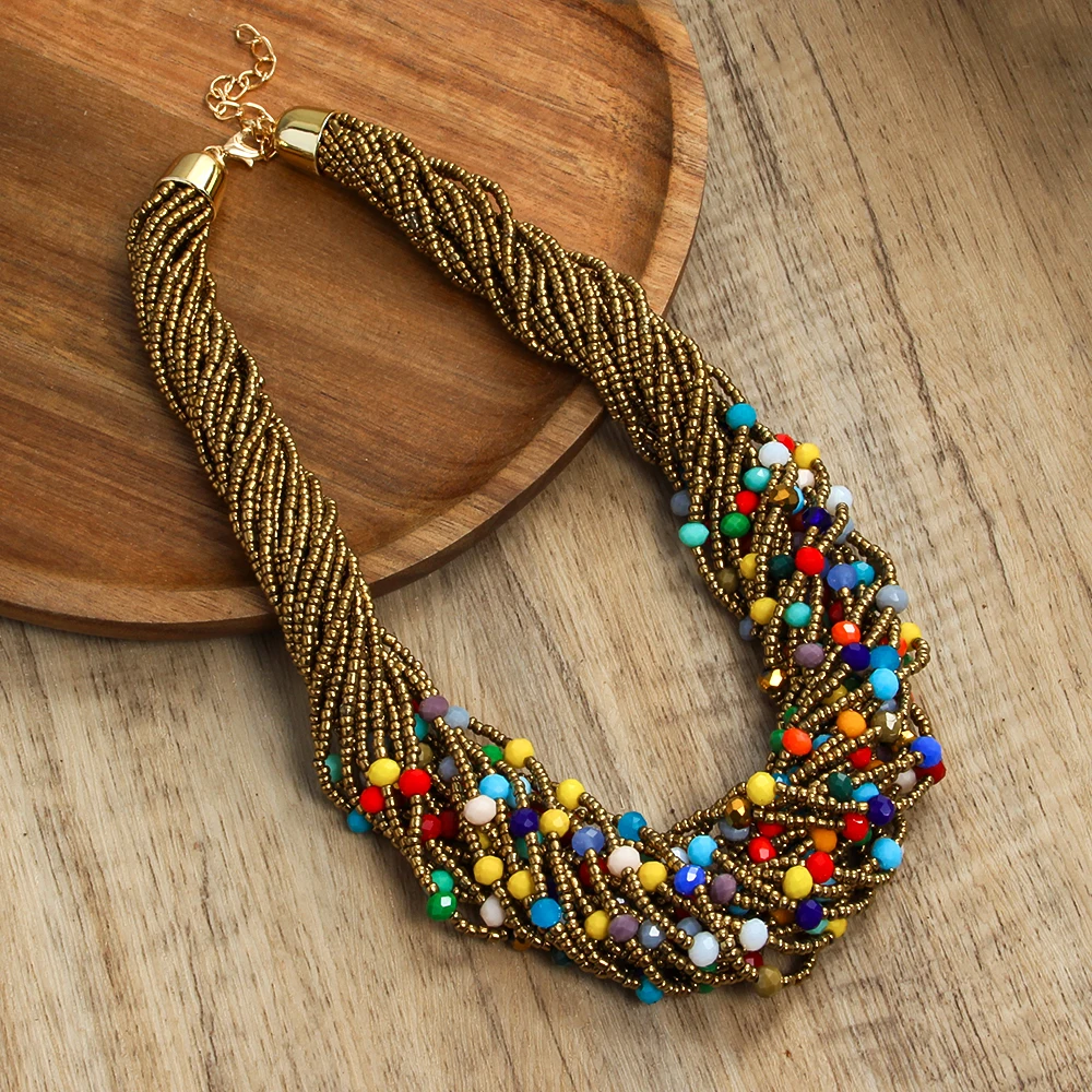 Fashion Bohemian Ethnic Style Exaggerated Women Jewelry  Multilayer Rice Beads 6mm Colored Glass Beaded Necklace Handmade Choker