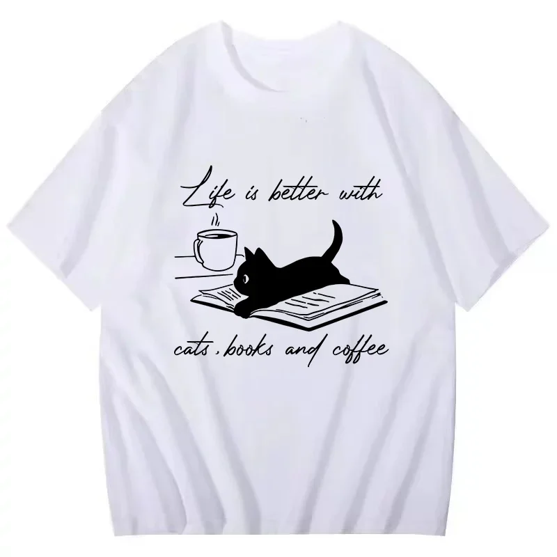 

Модная футболка в американском стиле ретро, модные женские летние футболки, футболка с забавным котом и кофе, дышащие топы с графическим рисунком