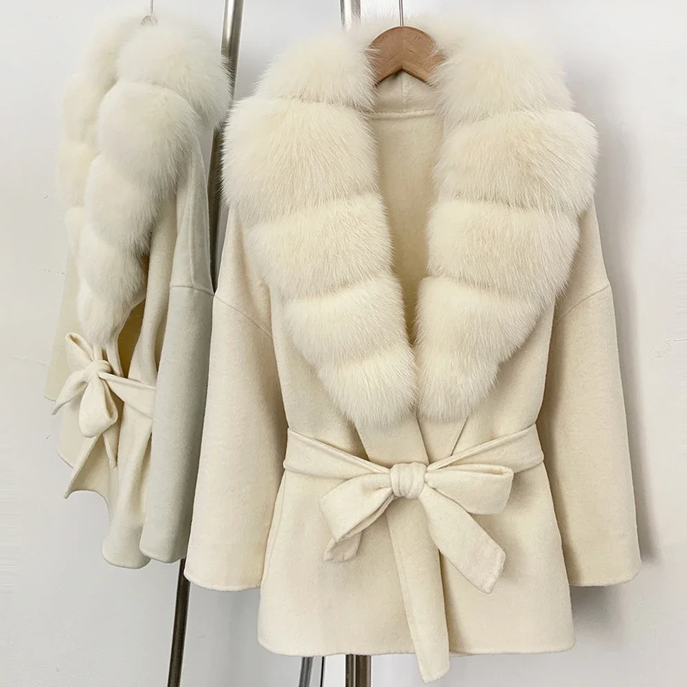 OFTBUY Neuer Damen Kurzmantel aus 100% Wolle Luxuriöse Winteroberbekleidung Übergroßer Echter Fuchspelzkragen Gürtel-Wickeljacke für Damen – Detail 23