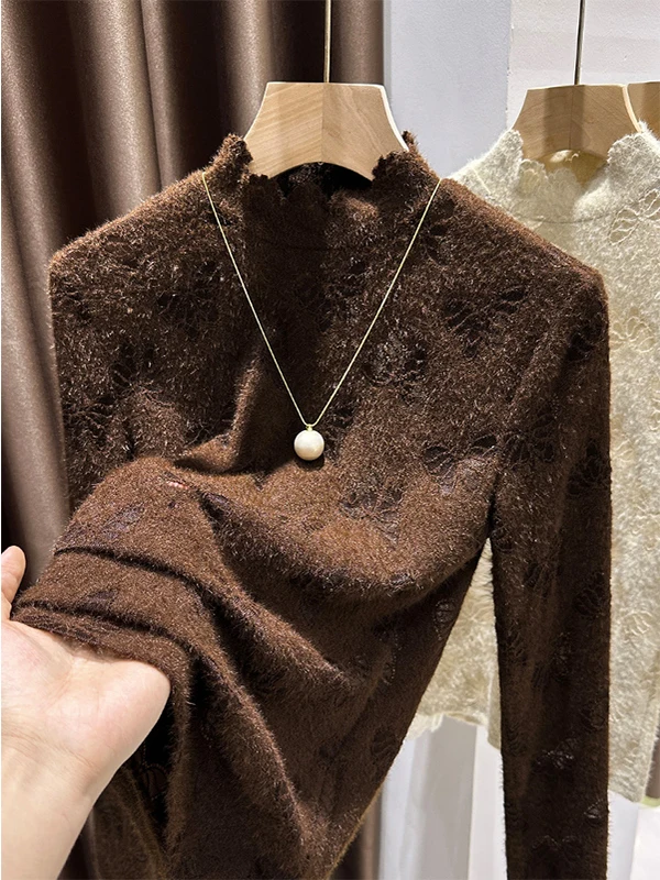 

Женская кружевная футболка Frida Flower с высоким воротником, мягким драпированием и длинными рукавами, повседневная одежда для работы и отдыха