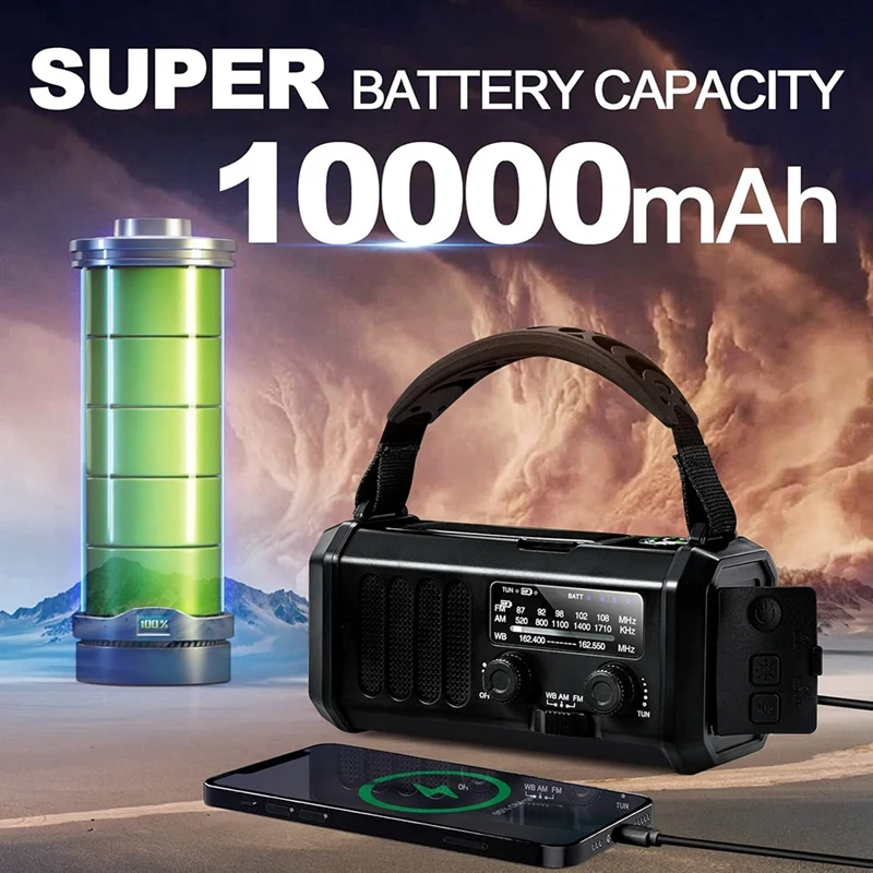 FFYY-Emergency Weather Radio FM/AM/WB,Portable Hand Crank Radio,Flashlight ,Solar Powered 10000Mah For Outdoor Camping