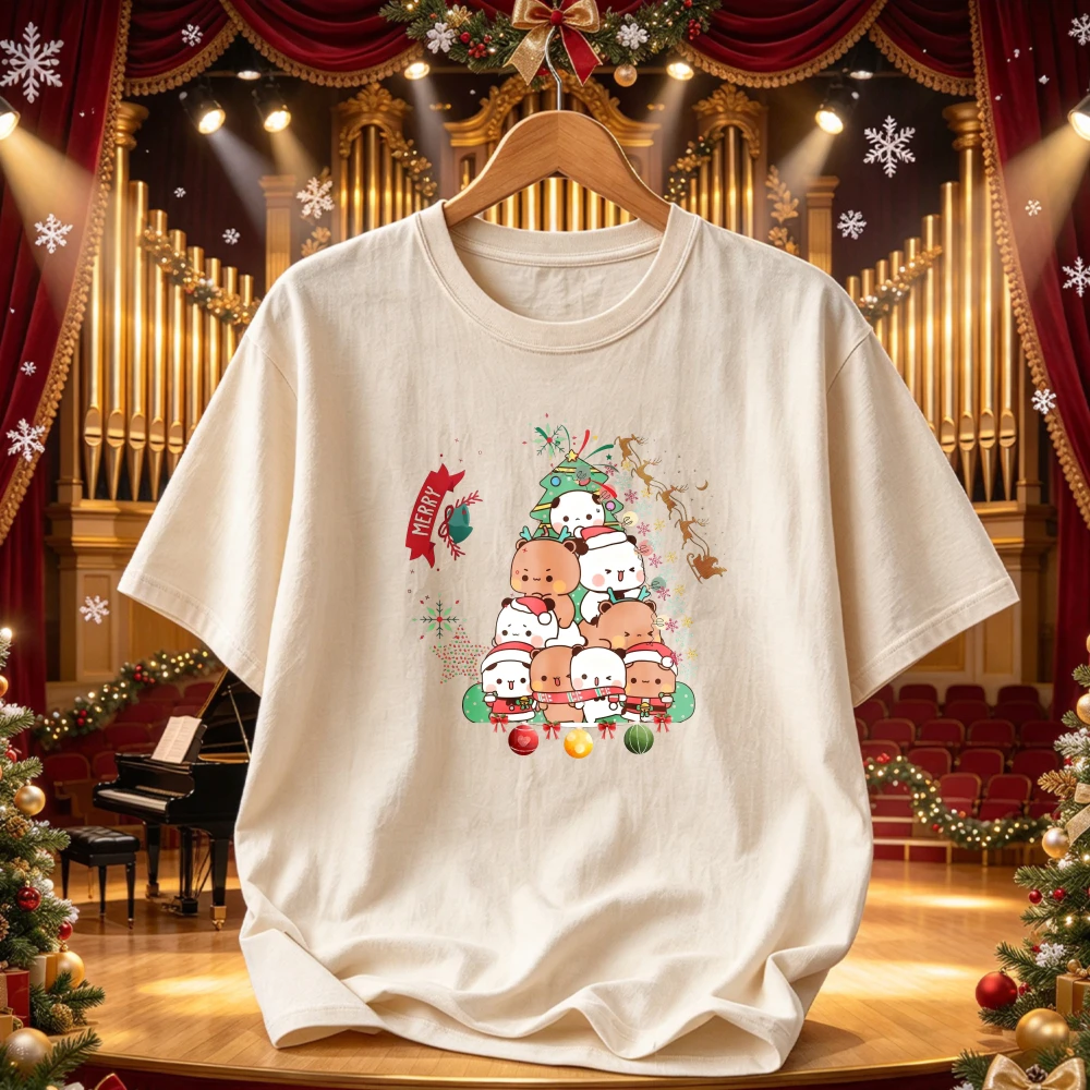 BUBU DUDU Merry Christmas Cartoon Family Graphic T Shirt Kawaii Bubu Dudu Stacked Xmas Tree Santa Hat Bauble Print Holiday Tees