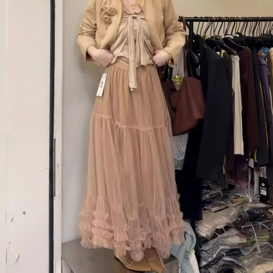 Gonna a rete con design a pendolo grande 2026 Nuova gonna a vita alta e sottile con bordo a fungo con temperamento drappeggiato