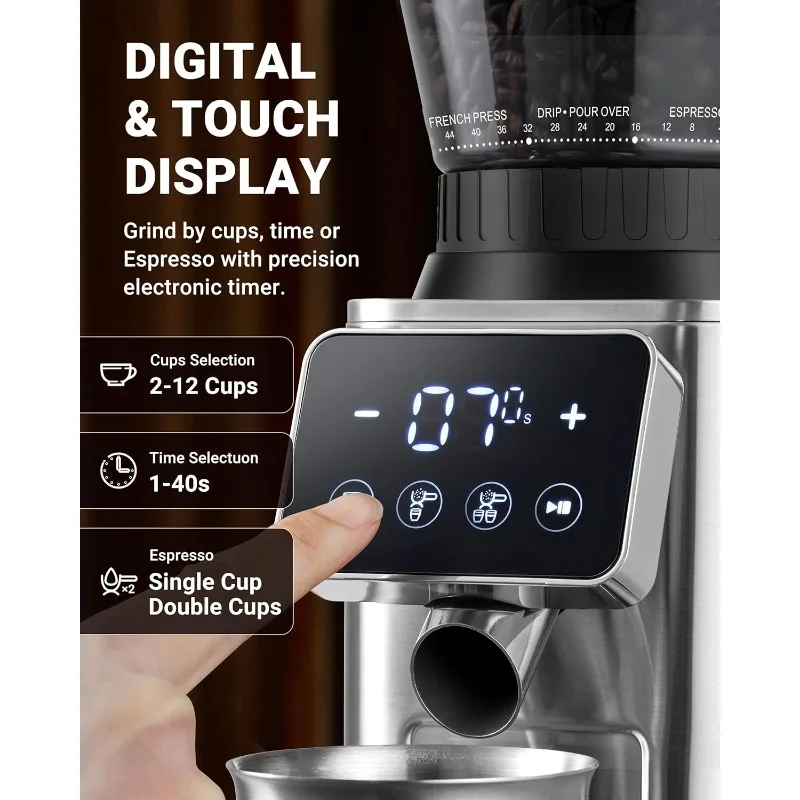 Coffee Grinder, Burr Coffee Bean Grinder For Home Use With 48 Precise Grind Settings, Detachable Funnel Stand