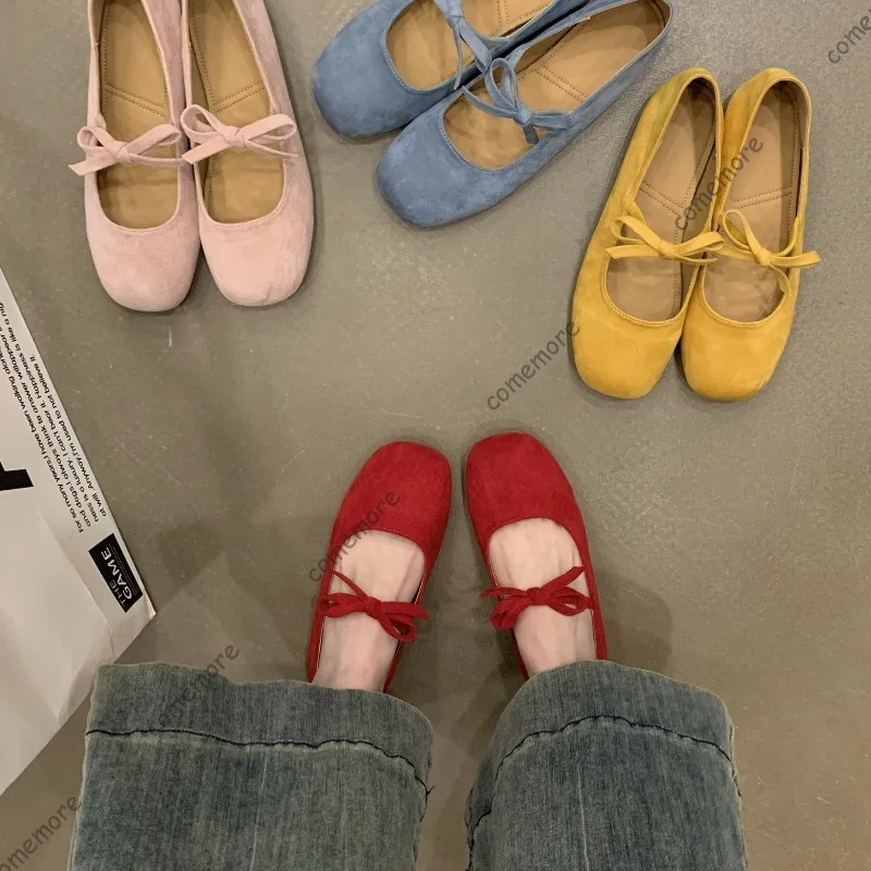 

Comemore Spring Autumn Women Flat Round Toe Shallow Slip on Ladies Casual Ballet Shoes Eelgant Dress Shoes Retro Suede Flats