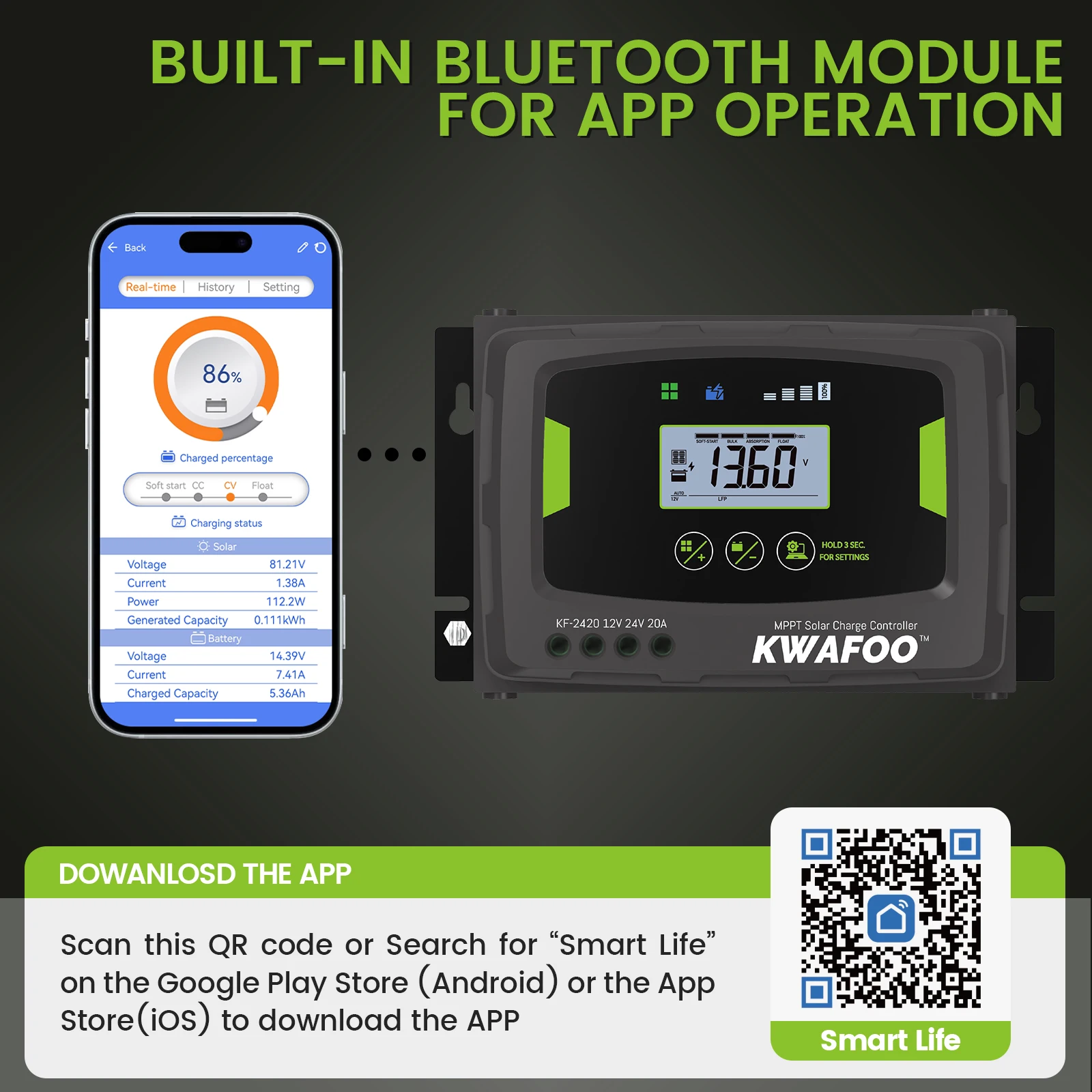 20A 12V 24V Auto MPPT Solar Charge Controller with APP Control Backlit LCD 20 Amp Solar Panel Regulator for AGM Wet Gel LiFePO4