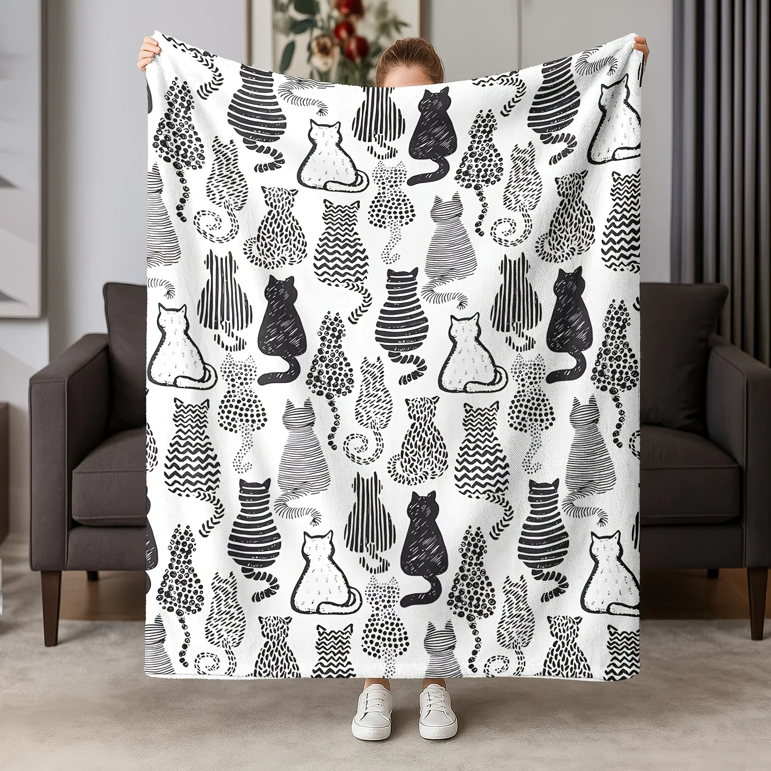 Flanelldecke mit Katzensilhouette – weich, warm und allergiefreundlich |   Couch/Bett/Reise, Geschenkidee