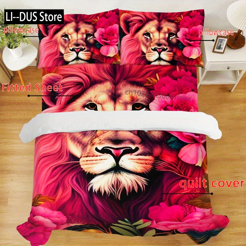 

4pcs Flower Lion Pattern All-in-one Duvet Cover SetSoft, Breathable Stylish Bedding For Your Bedroom Or Guest Room - All-Season