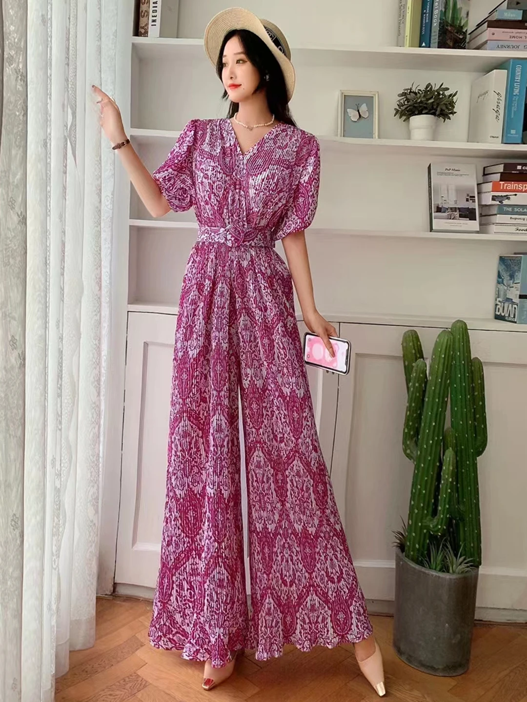 2023 New Summer Women V-Neck Puff Sleeve Belt Slim Jumpsuits High Quality Retro Print Wide Leg Long Pants Pleated Jumpsuits