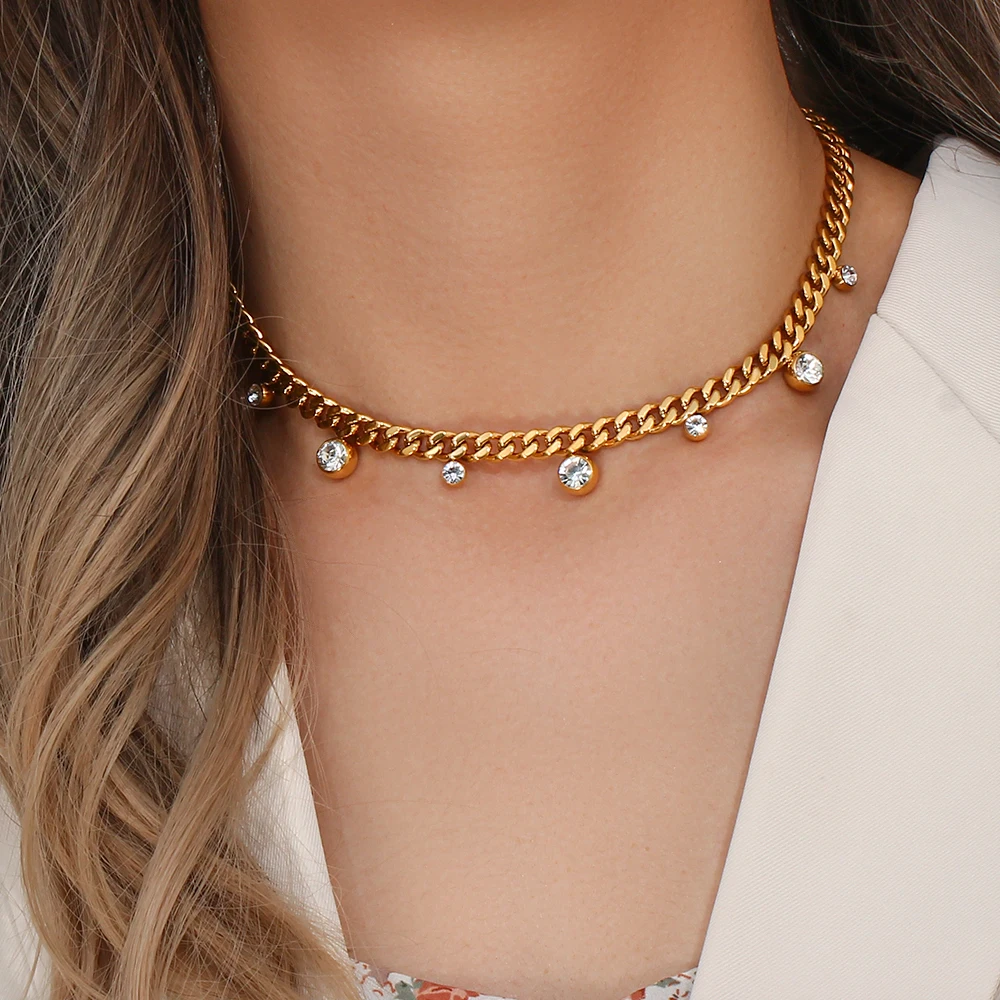 MamacitaSlay Trendy Round Zircon Gold Plated Cuban Chain Necklaces Adjustable Stainless Steel Choker Necklaces for Women Party