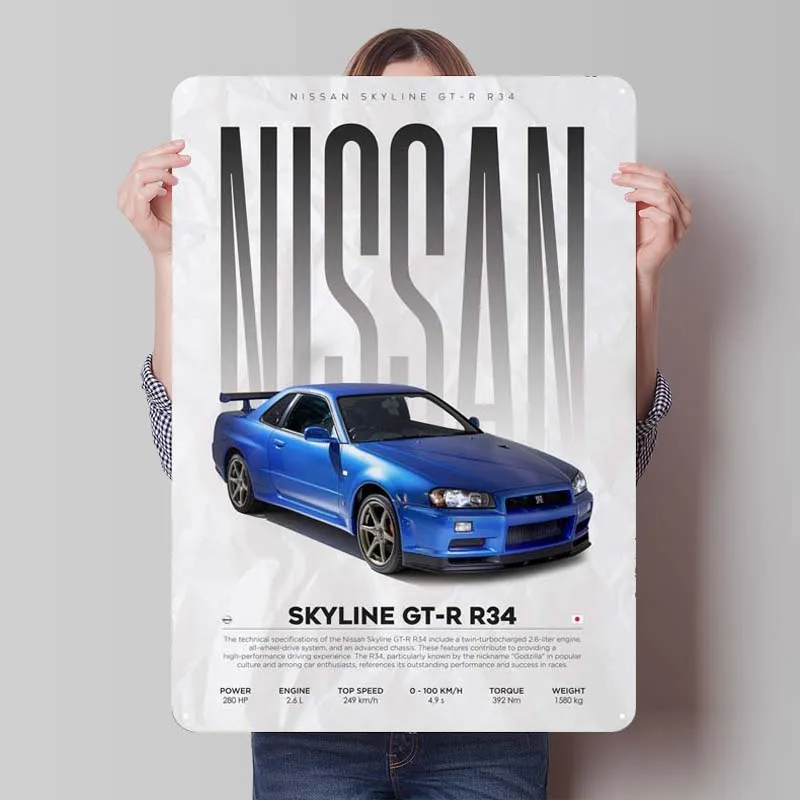 Nissan Skyline GTR R34 Metal Sign Cars Poster Wall Decor Living Room Decor Tinplate Sign for Garage Wall Art Decoration Man Cave