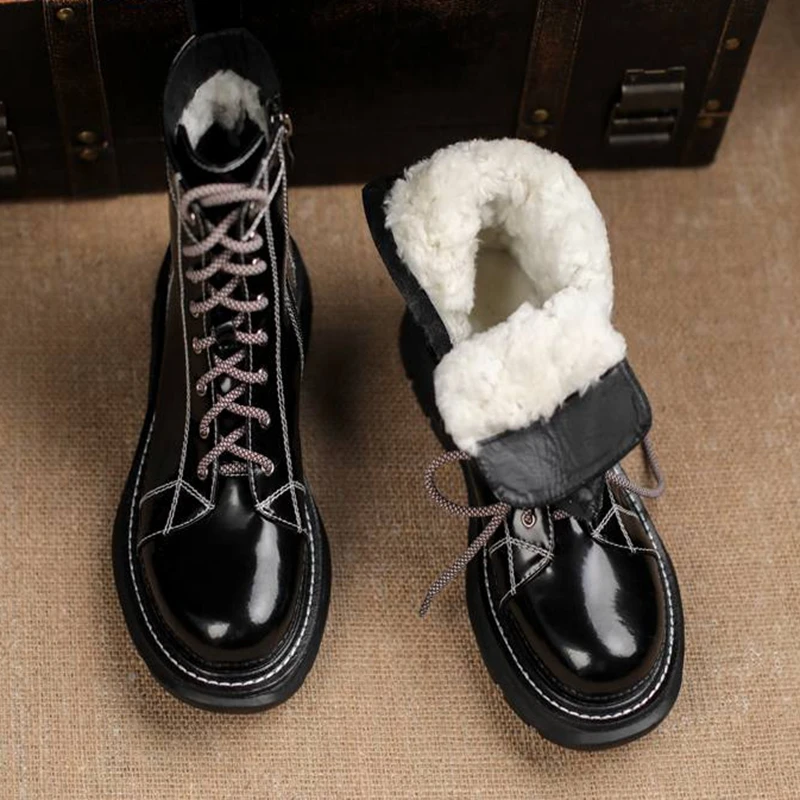 Krazing Pot Wool Cow Leather Round Toe Med Heels Snow Boots Cold-resistant Fur Deign Brand Retro Fashion Lace-up Ankle Boots image 6